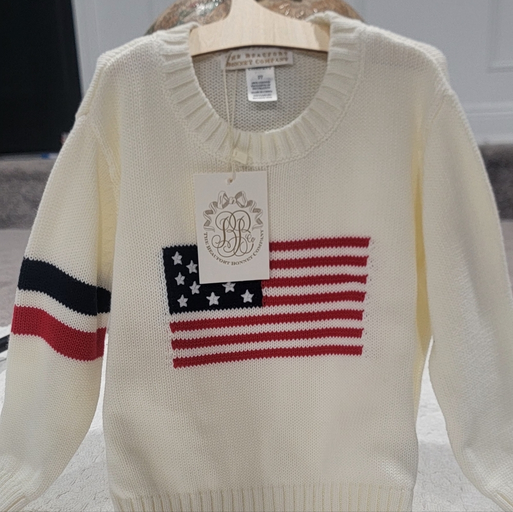 The Beaufort Bonnet Company American Flag Knit Sweater NWT Ivory Size 2T